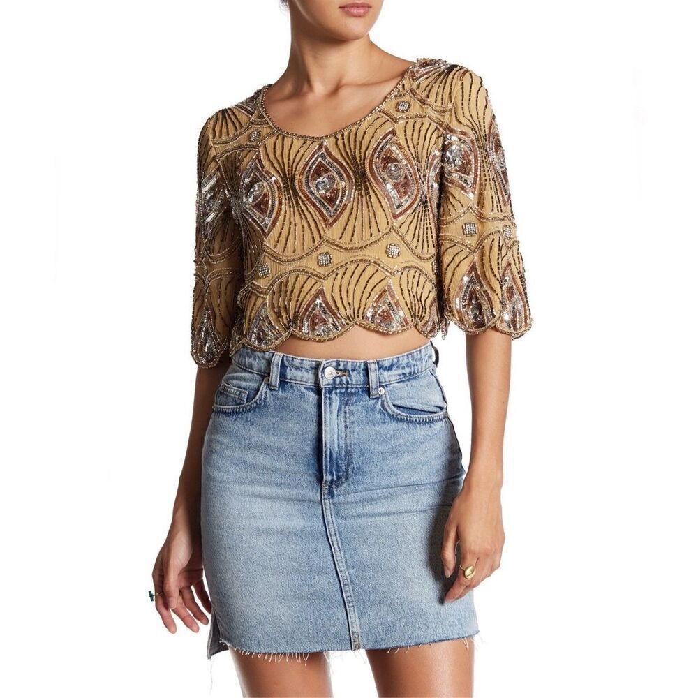 RAGA Women’s Neutral Colored Fully Beaded Encrusted Scalloped Edges Crop Length